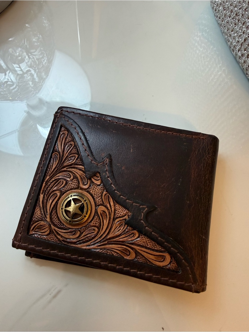 Vintage-Inspired Brown Tooled Leather Men's Wallet with Star Concho